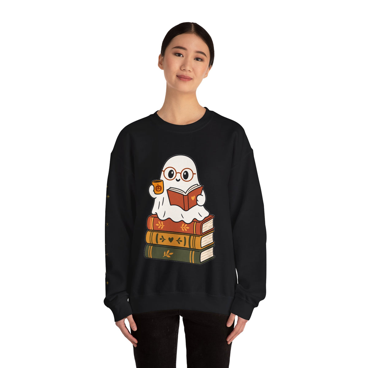 Ghost Reader Sweatshirt — Cute Bookworm Ghost on Stacked Books with Coffee