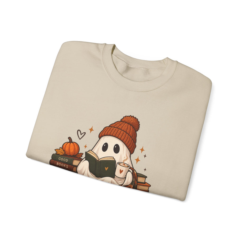 Cozy Season Sweatshirt — Cute Ghost with Books, Coffee & Warm Vibes