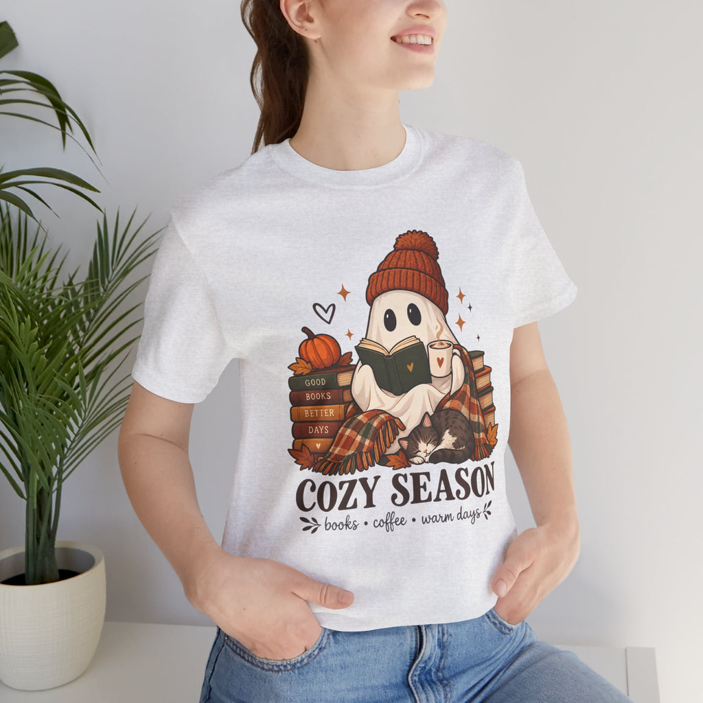 Cute Ghost with Books, Pumpkin & 'Cozy Season' Fall Shirt