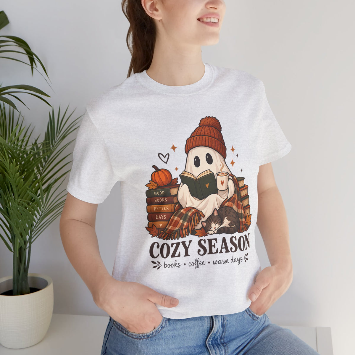 Cute Ghost with Books, Pumpkin & 'Cozy Season' Fall Shirt