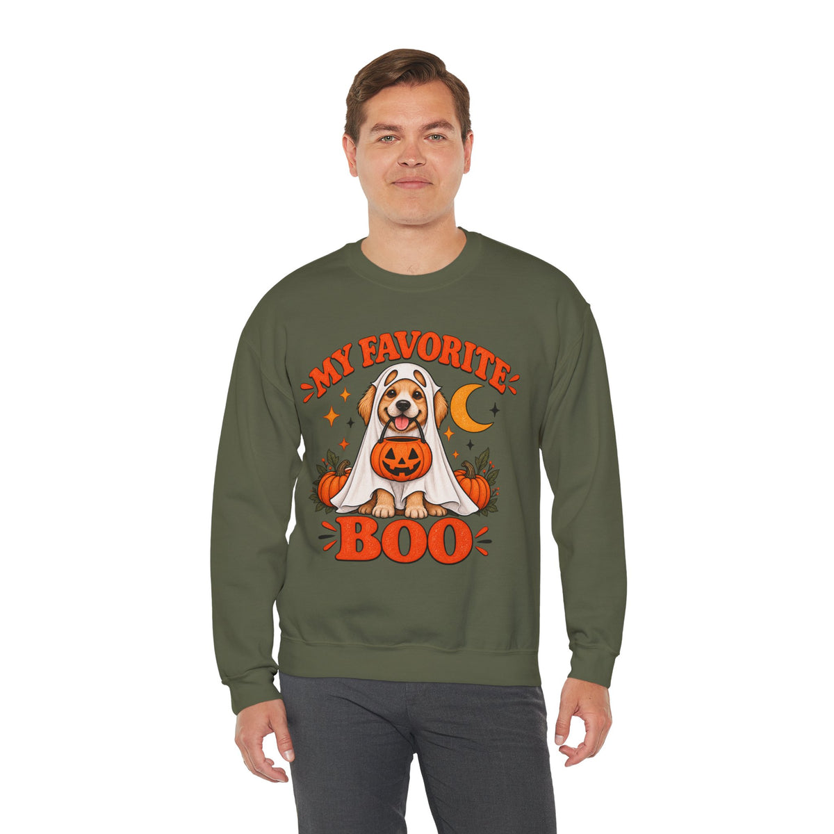 Get into the cozy, spooky spirit with our 'My Dog Is My Favorite Boo' Crewneck Sweatshirt!