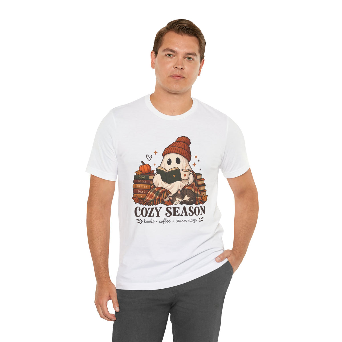Cute Ghost with Books, Pumpkin & 'Cozy Season' Fall Shirt