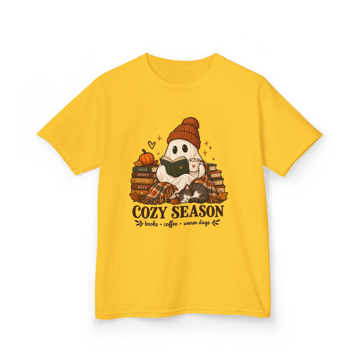 Kids Tee — "Cozy Season" Cute Ghost with Books & Pumpkin Fall Shirt