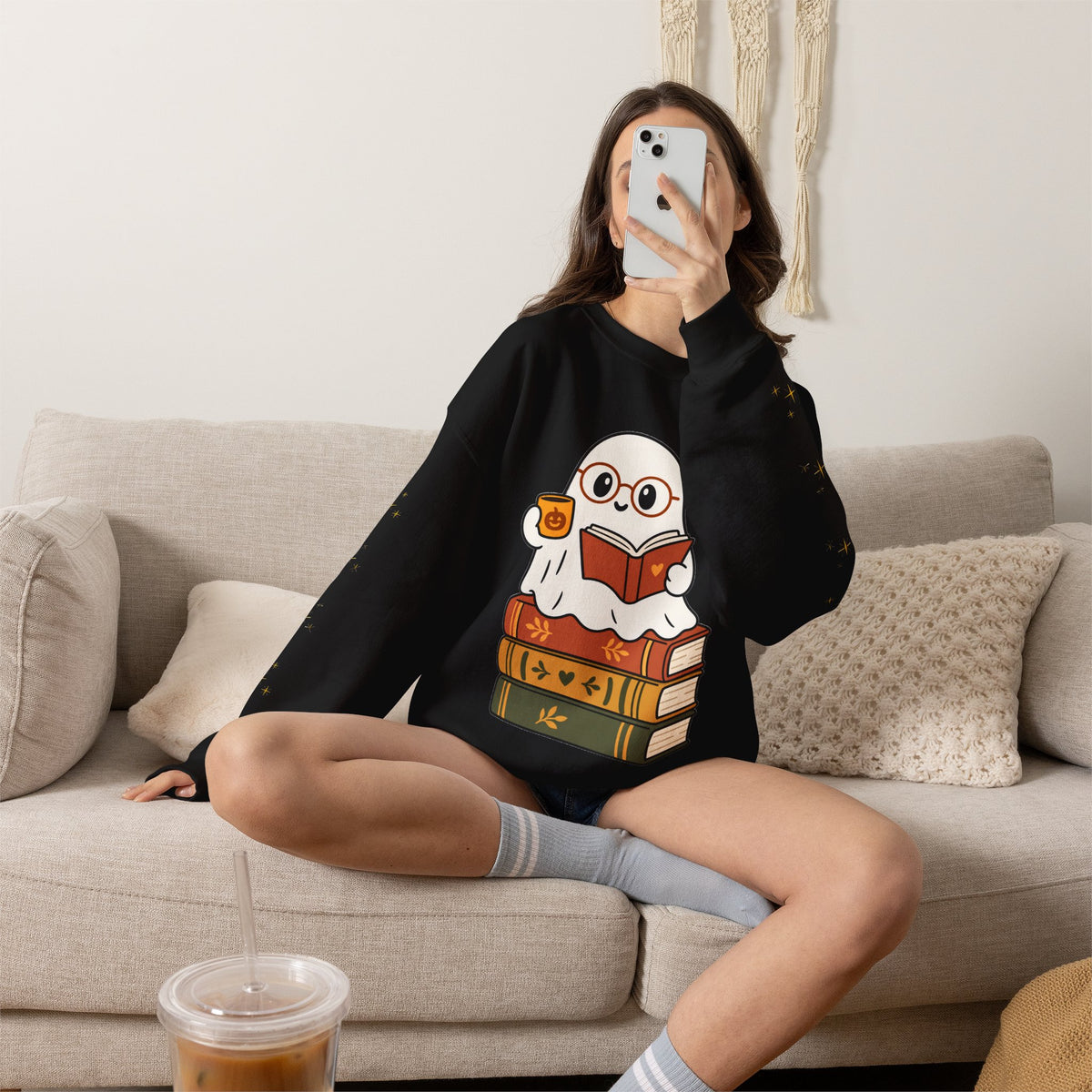 Ghost Reader Sweatshirt — Cute Bookworm Ghost on Stacked Books with Coffee