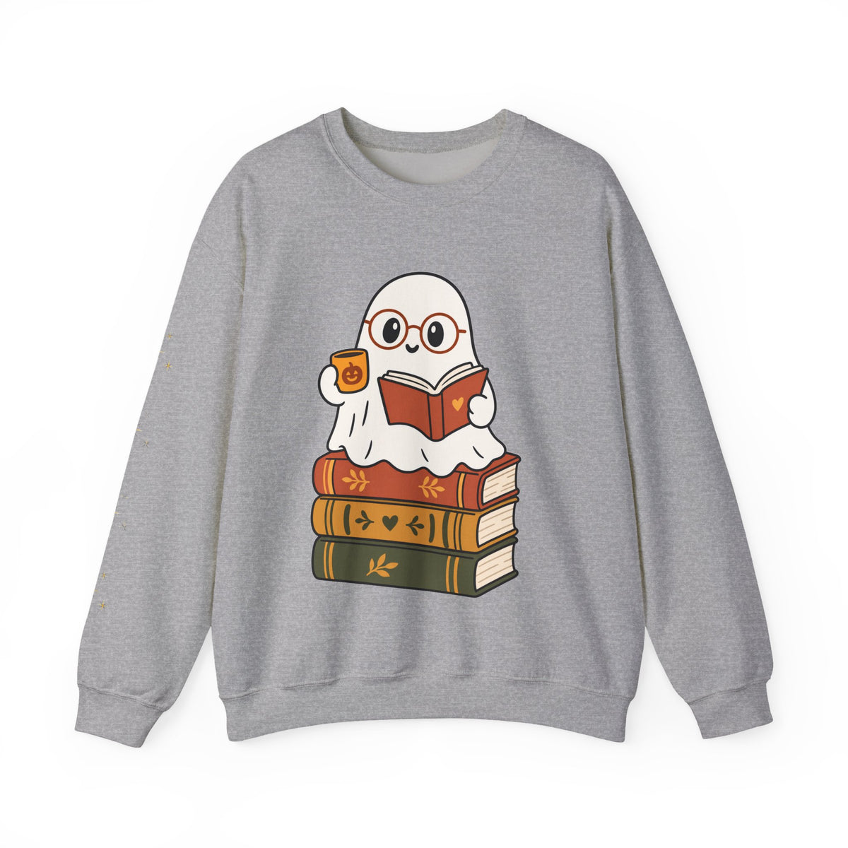 Ghost Reader Sweatshirt — Cute Bookworm Ghost on Stacked Books with Coffee