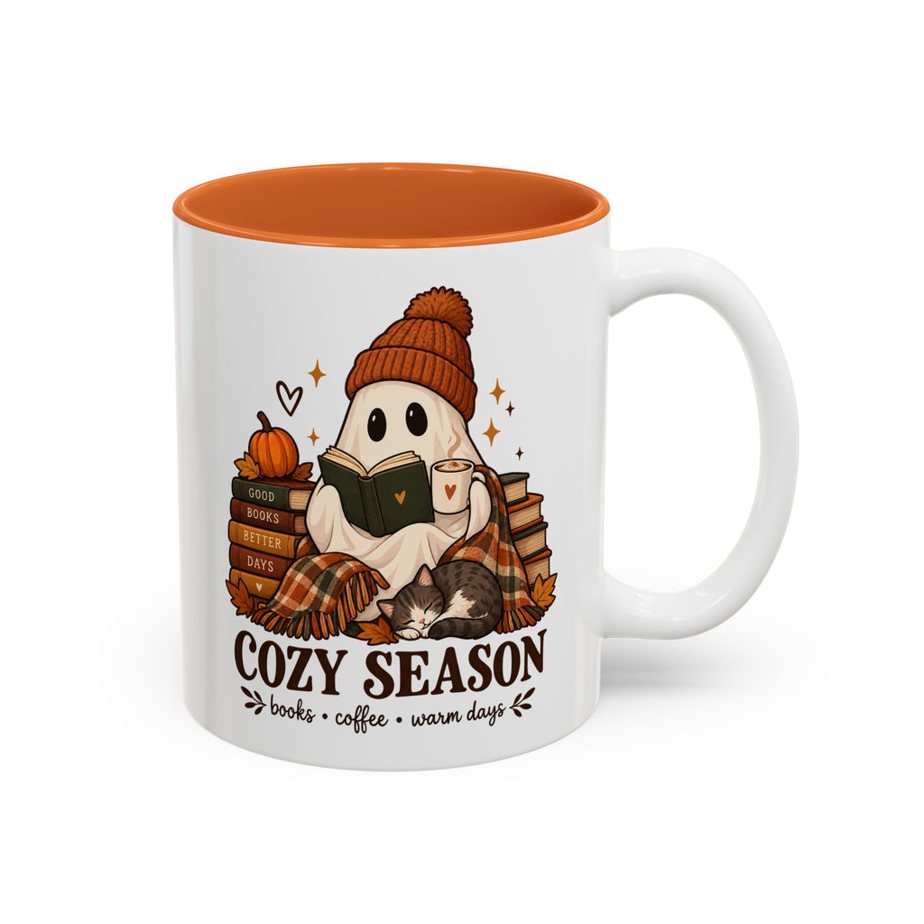 Cozy Season Ghost Accent Mug — Reading Ghost with Cat 11oz/15oz