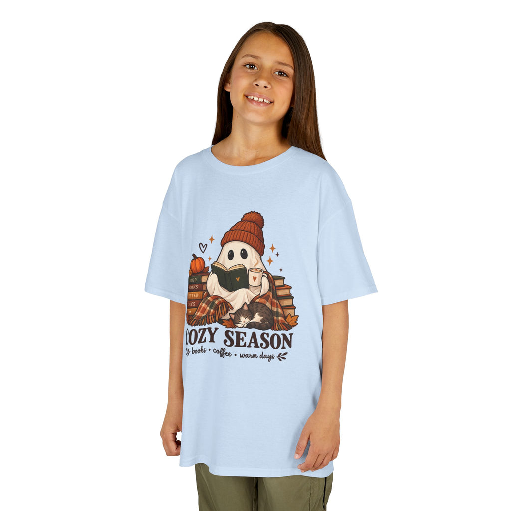 Kids Tee — "Cozy Season" Cute Ghost with Books & Pumpkin Fall Shirt