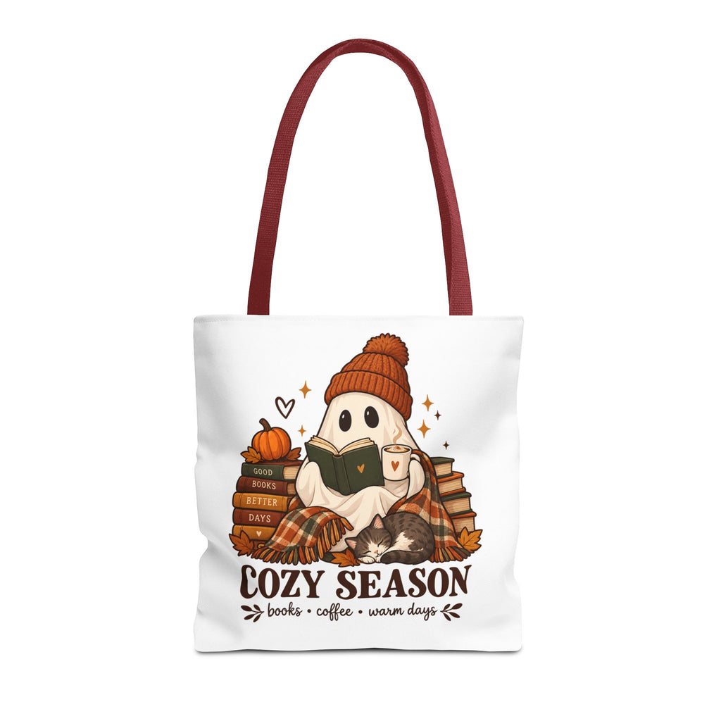 Cozy Season Tote Bag – Autumn Ghost Reading with Books, Coffee & Warm Days