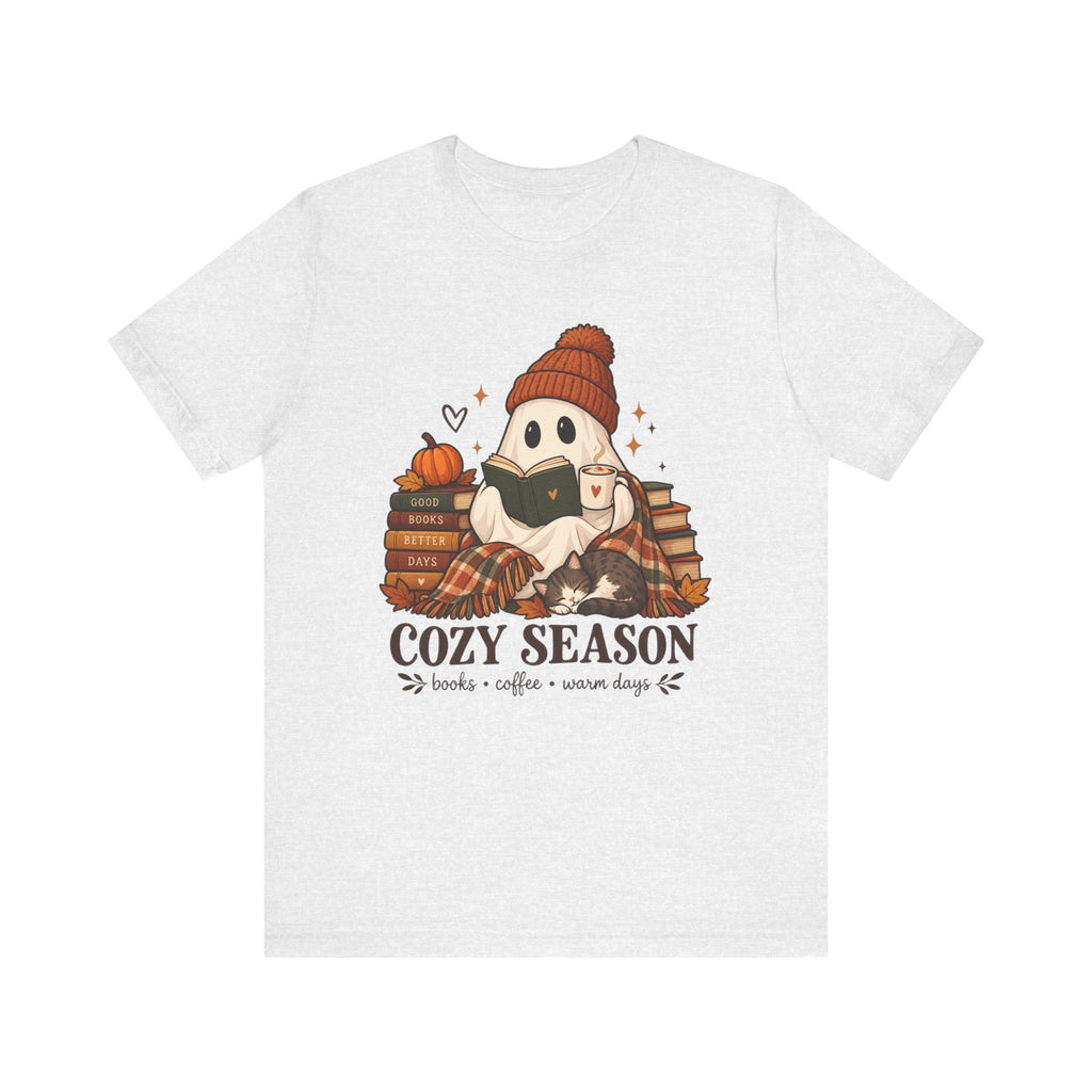 Cute Ghost with Books, Pumpkin & 'Cozy Season' Fall Shirt