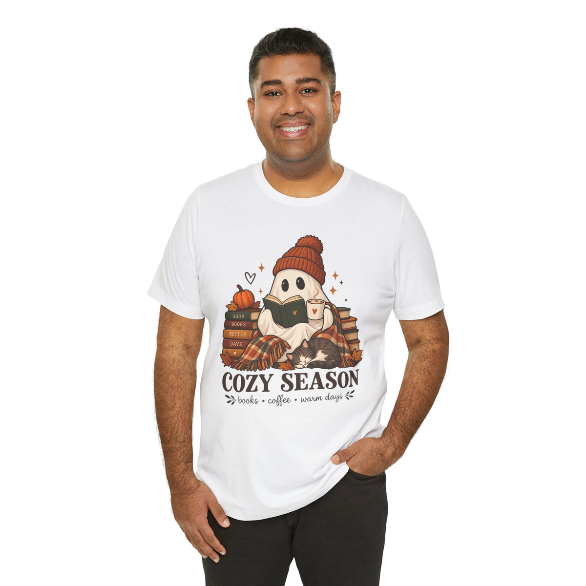 Cute Ghost with Books, Pumpkin & 'Cozy Season' Fall Shirt