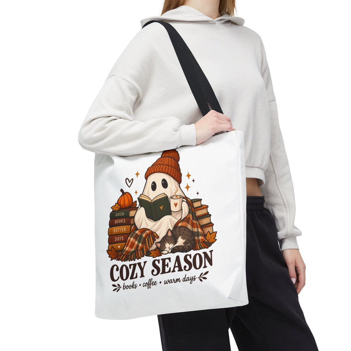 Cozy Season Tote Bag – Autumn Ghost Reading with Books, Coffee & Warm Days