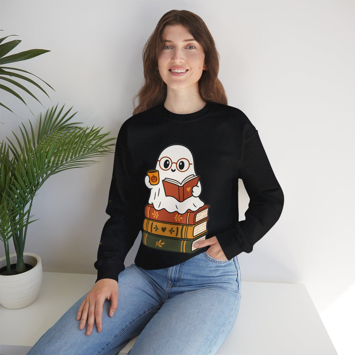 Ghost Reader Sweatshirt — Cute Bookworm Ghost on Stacked Books with Coffee