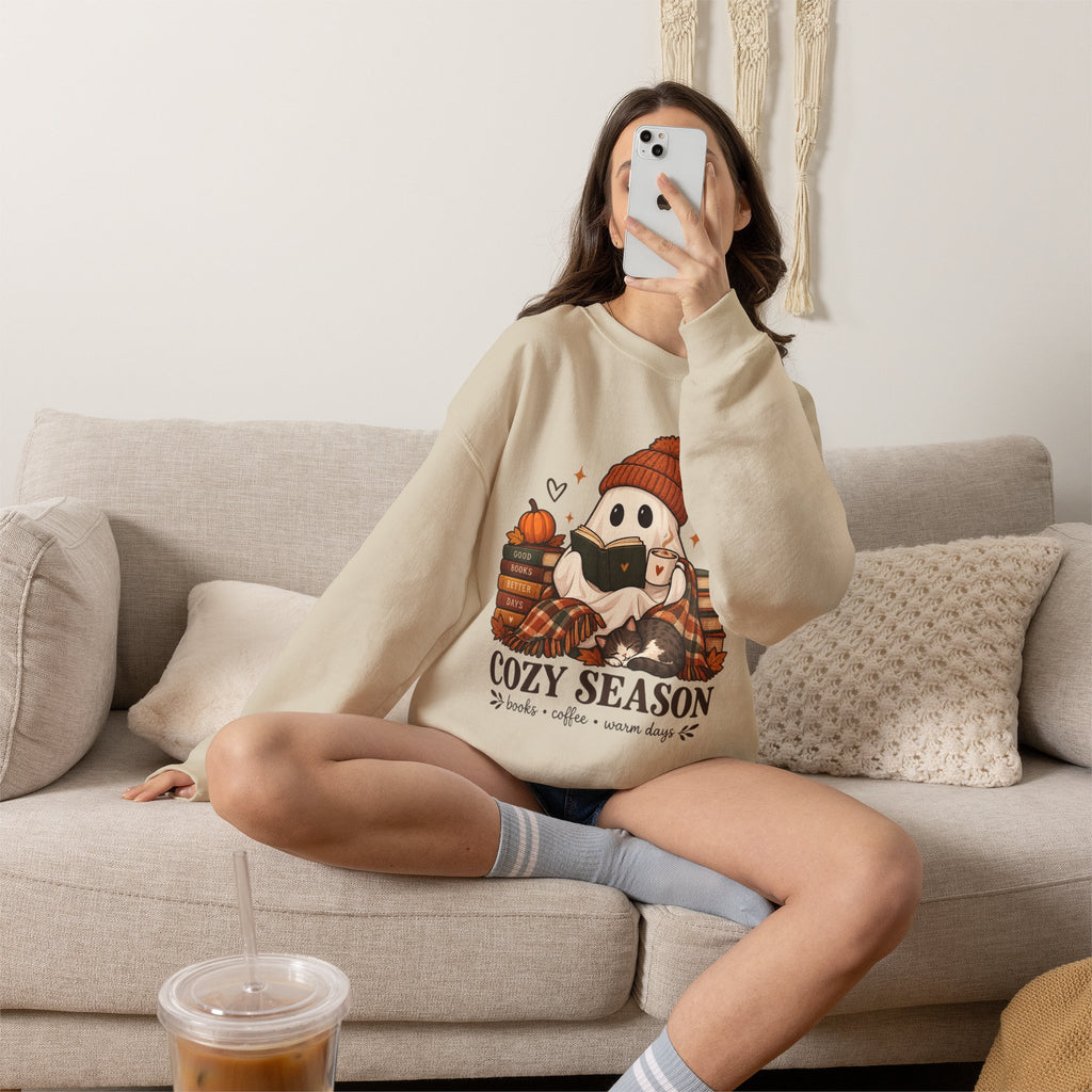 Cozy Season Sweatshirt — Cute Ghost with Books, Coffee & Warm Vibes