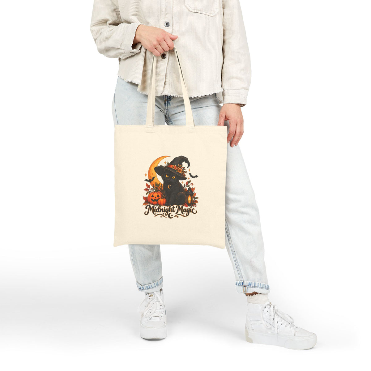 Midnight Magic Witchy Black Cat Tote Bag | Cute Spooky Canvas Book Bag