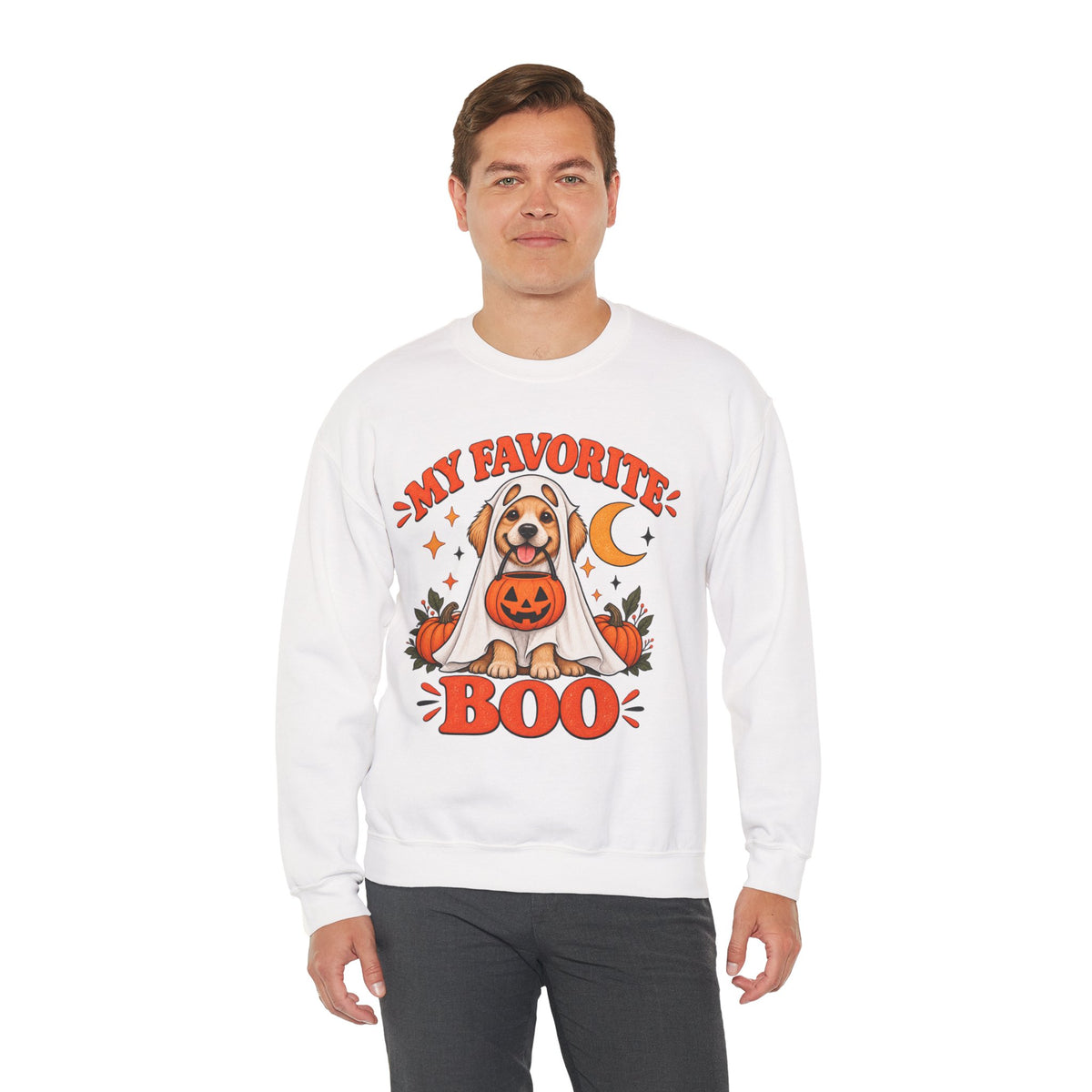 Get into the cozy, spooky spirit with our 'My Dog Is My Favorite Boo' Crewneck Sweatshirt!