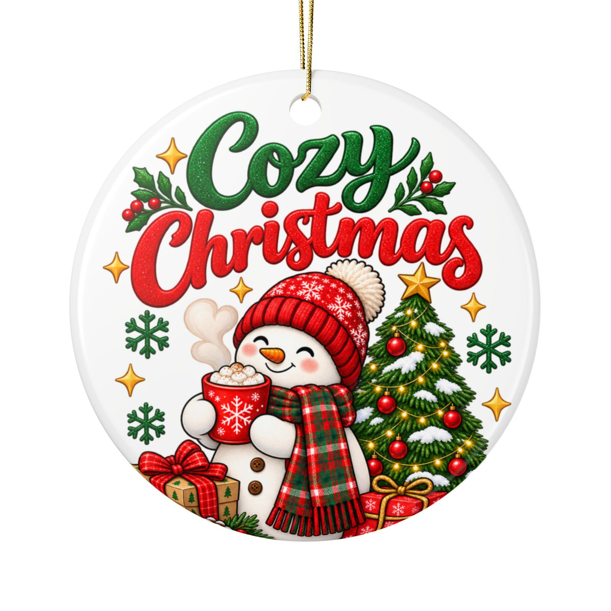 Cozy Christmas Snowman Ceramic Ornament, Double-Sided Holiday Tree Decoration, Christmas Gift