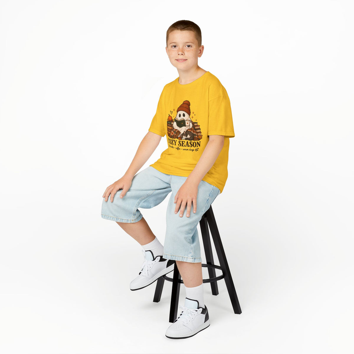 Kids Tee — "Cozy Season" Cute Ghost with Books & Pumpkin Fall Shirt