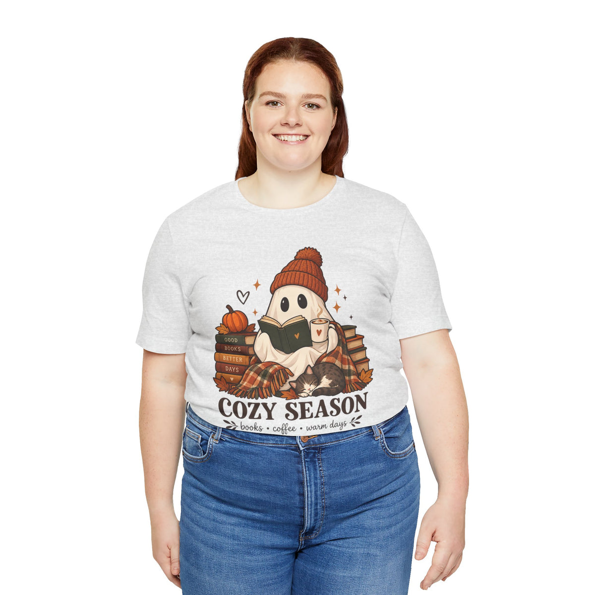 Cute Ghost with Books, Pumpkin & 'Cozy Season' Fall Shirt