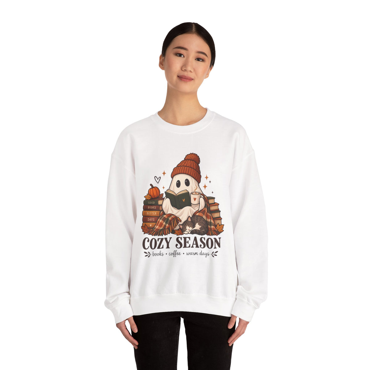 Cozy Season Sweatshirt — Cute Ghost with Books, Coffee & Warm Vibes