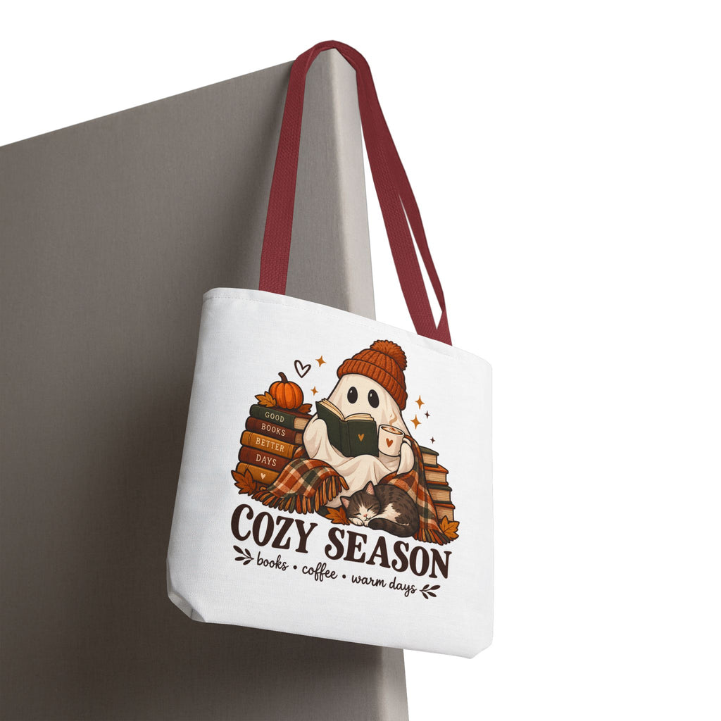 Cozy Season Tote Bag – Autumn Ghost Reading with Books, Coffee & Warm Days