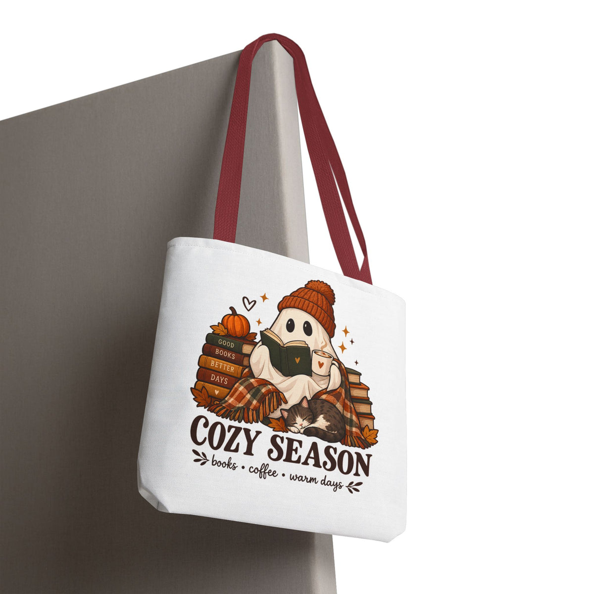 Cozy Season Tote Bag – Autumn Ghost Reading with Books, Coffee & Warm Days