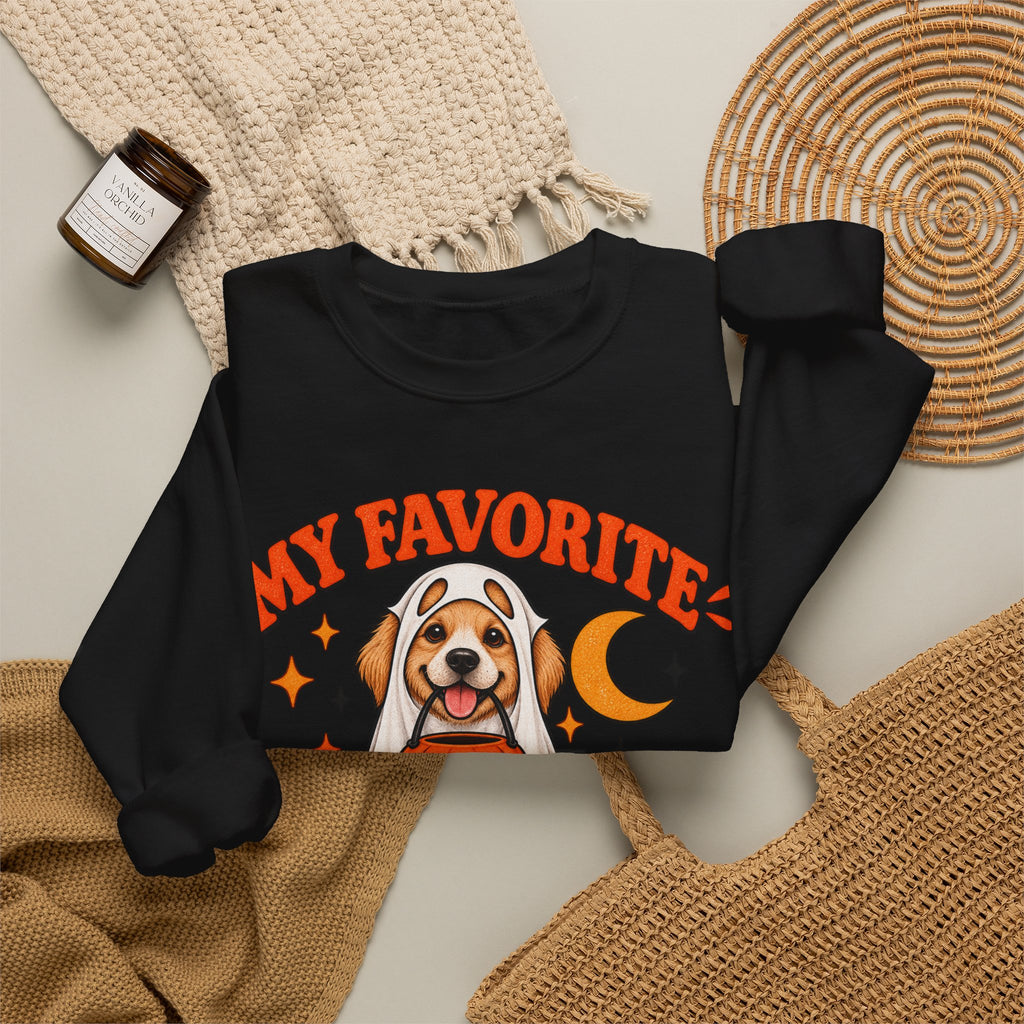 Get into the cozy, spooky spirit with our 'My Dog Is My Favorite Boo' Crewneck Sweatshirt!