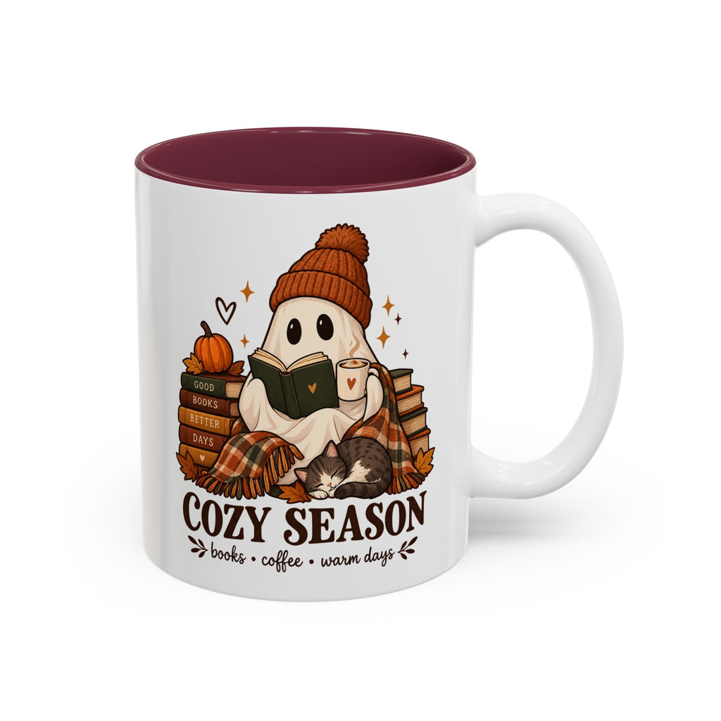 Cozy Season Ghost Accent Mug — Reading Ghost with Cat 11oz/15oz