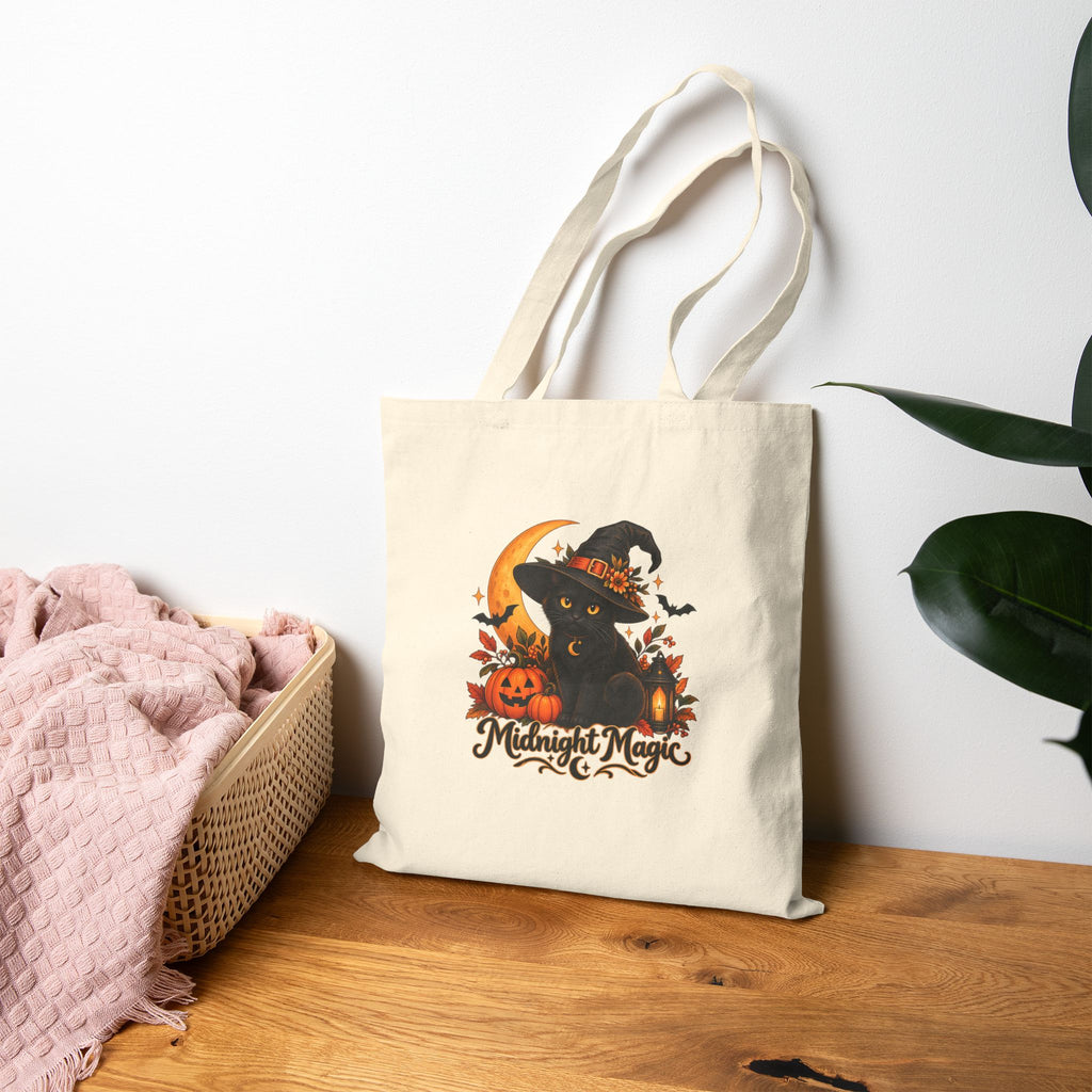 Midnight Magic Witchy Black Cat Tote Bag | Cute Spooky Canvas Book Bag