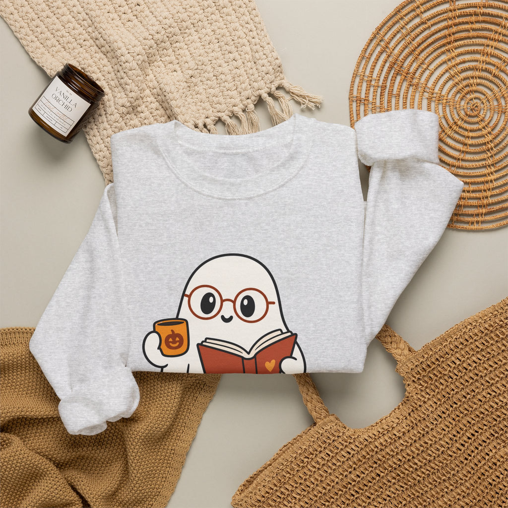 Ghost Reader Sweatshirt — Cute Bookworm Ghost on Stacked Books with Coffee