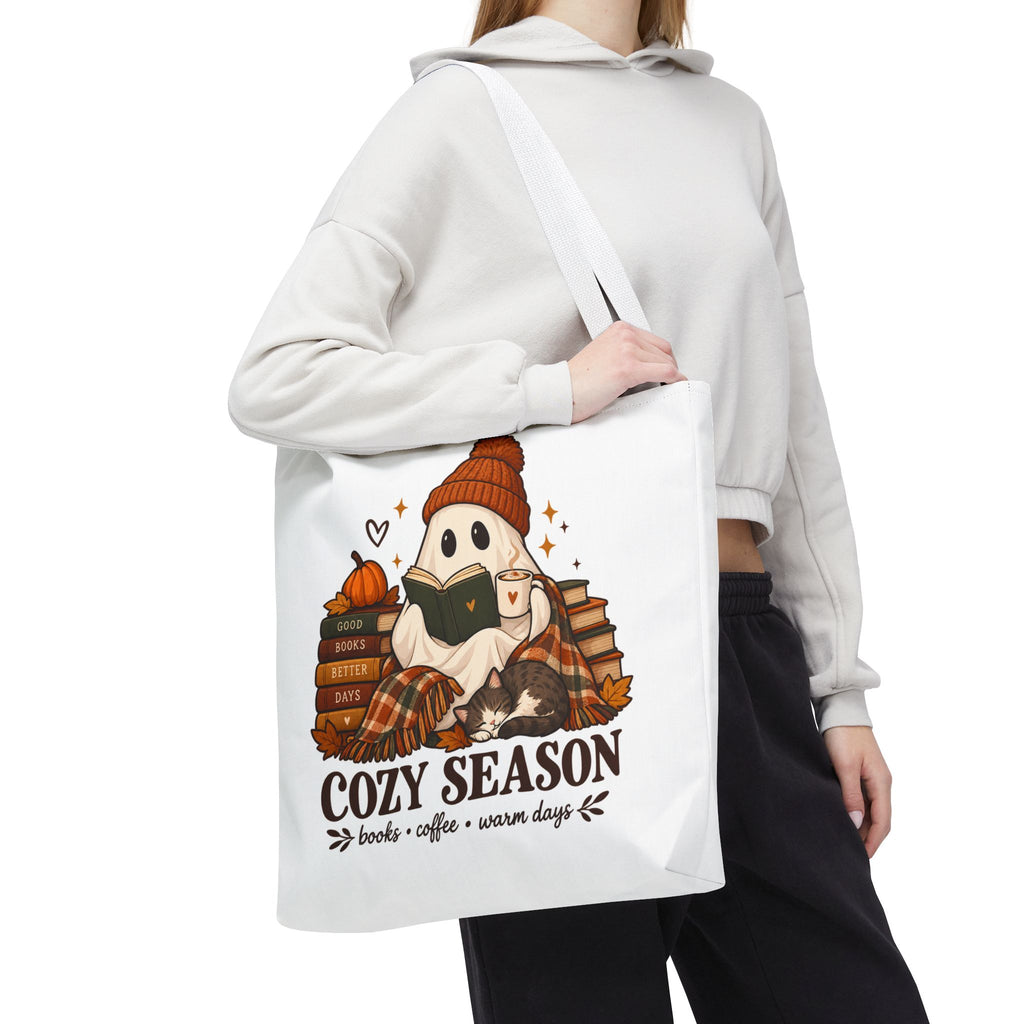 Cozy Season Tote Bag – Autumn Ghost Reading with Books, Coffee & Warm Days