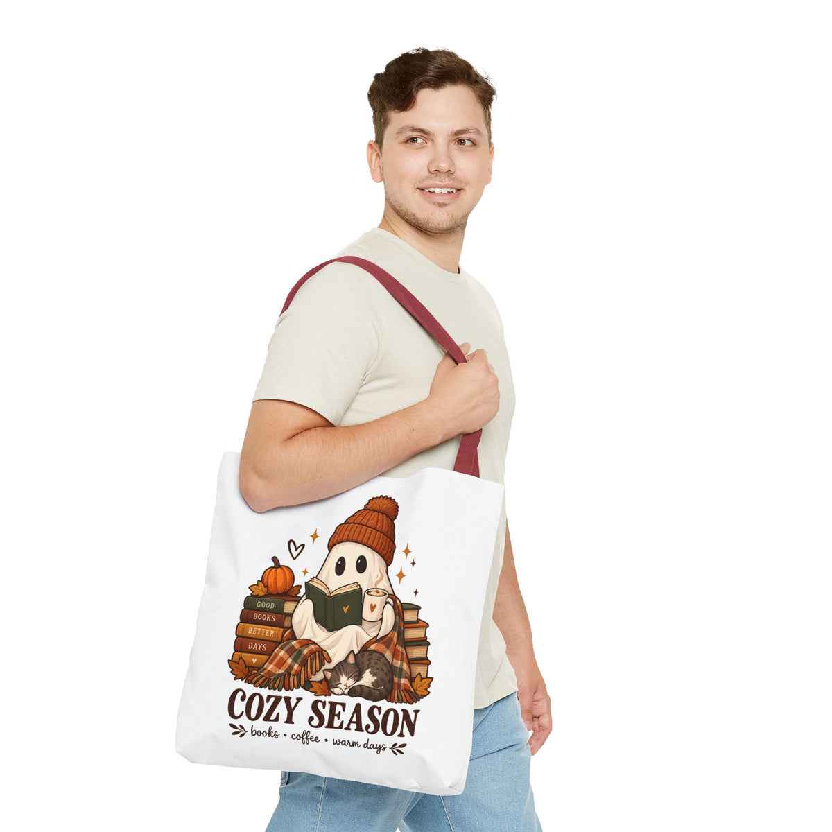 Cozy Season Tote Bag – Autumn Ghost Reading with Books, Coffee & Warm Days