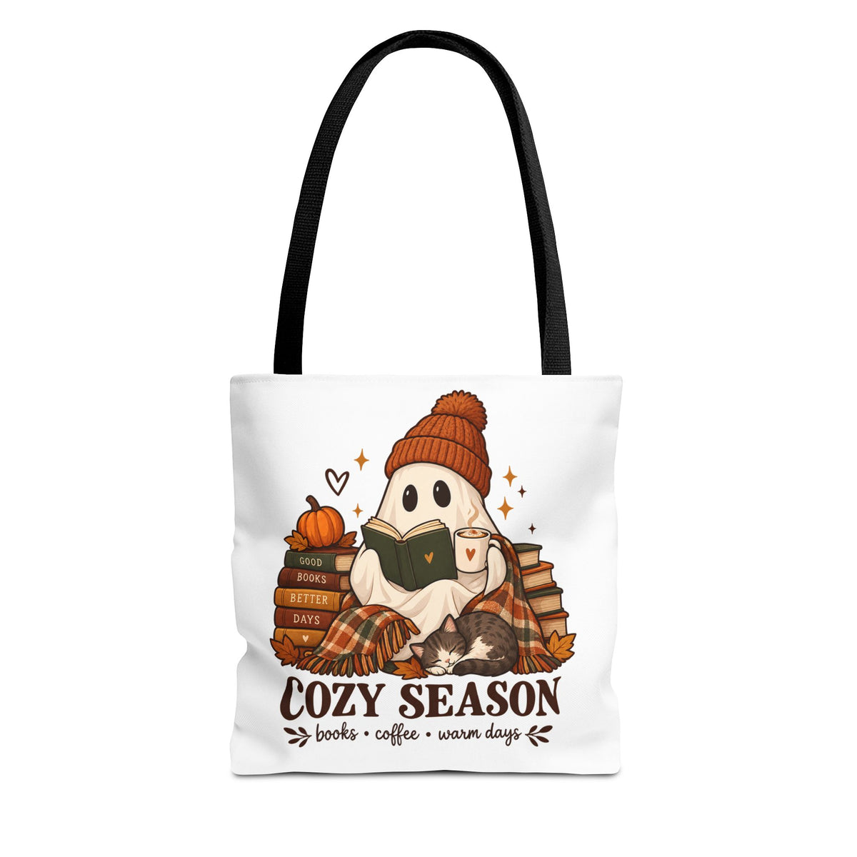 Cozy Season Tote Bag – Autumn Ghost Reading with Books, Coffee & Warm Days
