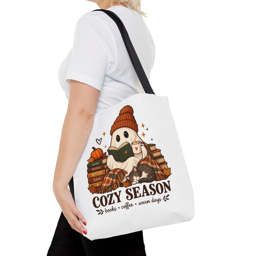 Cozy Season Tote Bag – Autumn Ghost Reading with Books, Coffee & Warm Days